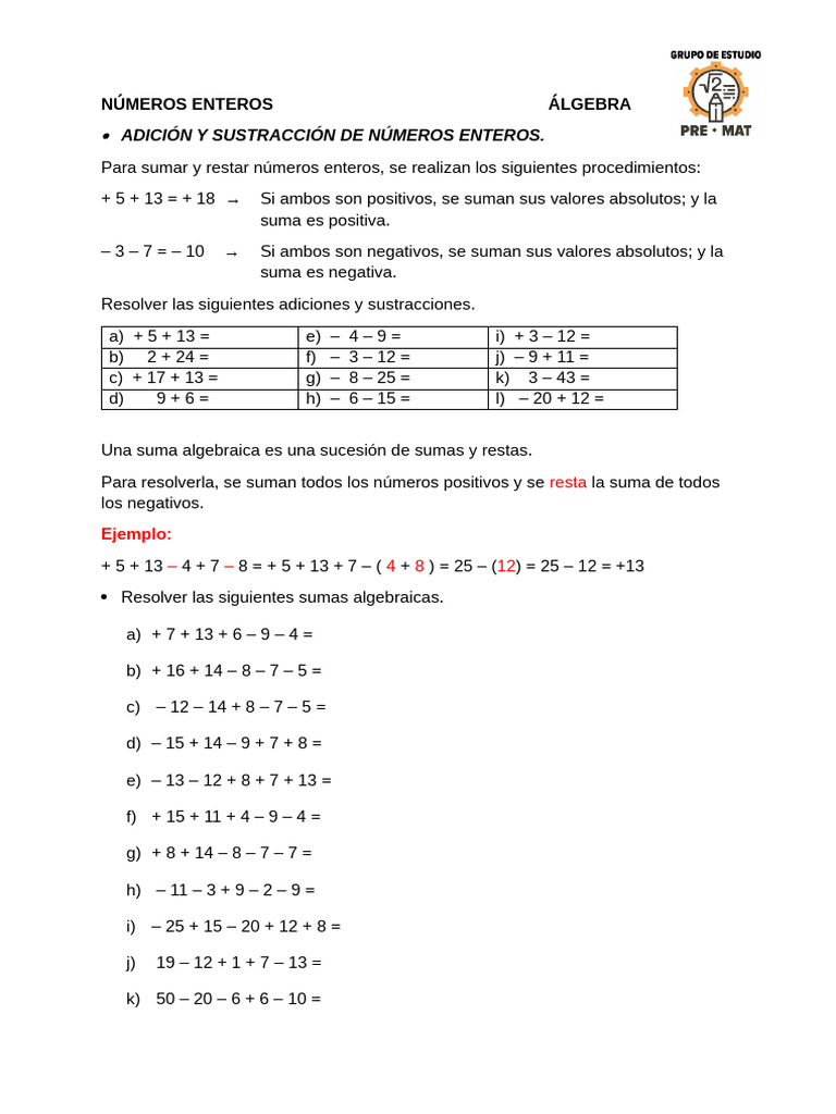 Operaciones con Números Enteros en Álgebra | PDF | Entero | División ...