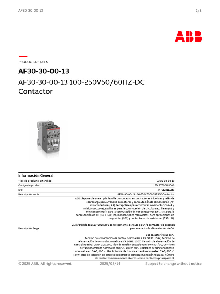 Contactor AF30-30-00-13 ABB 50A 100-250V | PDF | Corriente continua ...