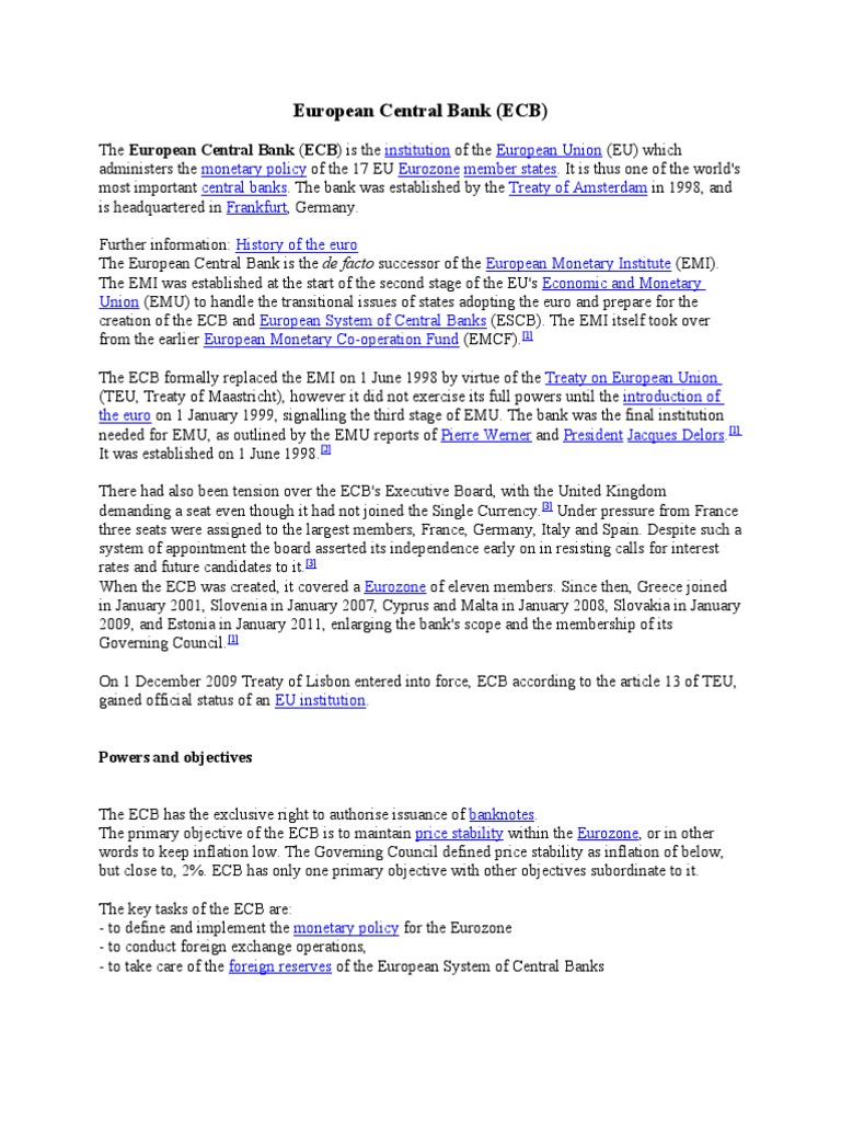 ECB: Eurozone's Monetary Authority | PDF | Economic And Monetary Union ...