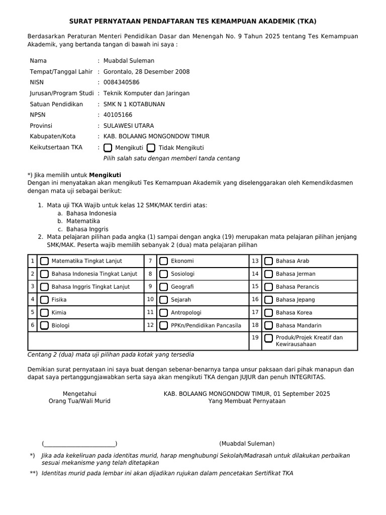 Surat Pendaftaran TKA 2025 | PDF