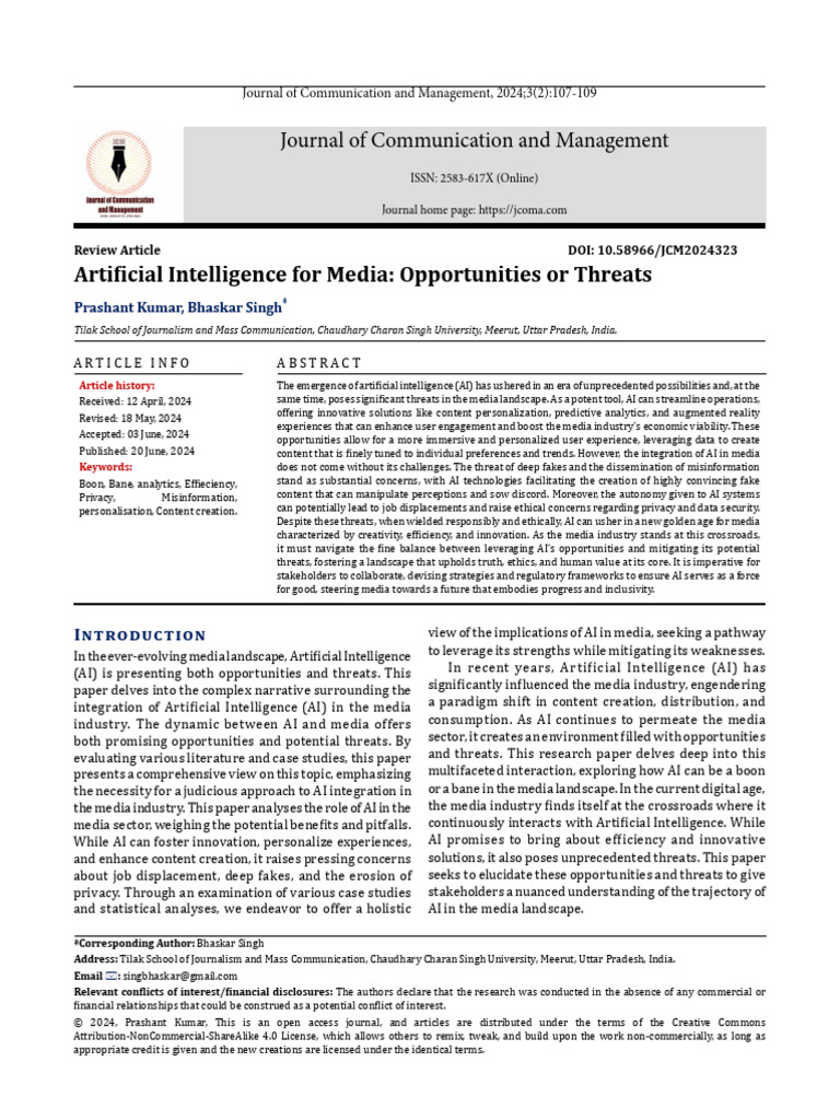 AI in Media: Balancing Opportunities and Threats | PDF | Artificial ...