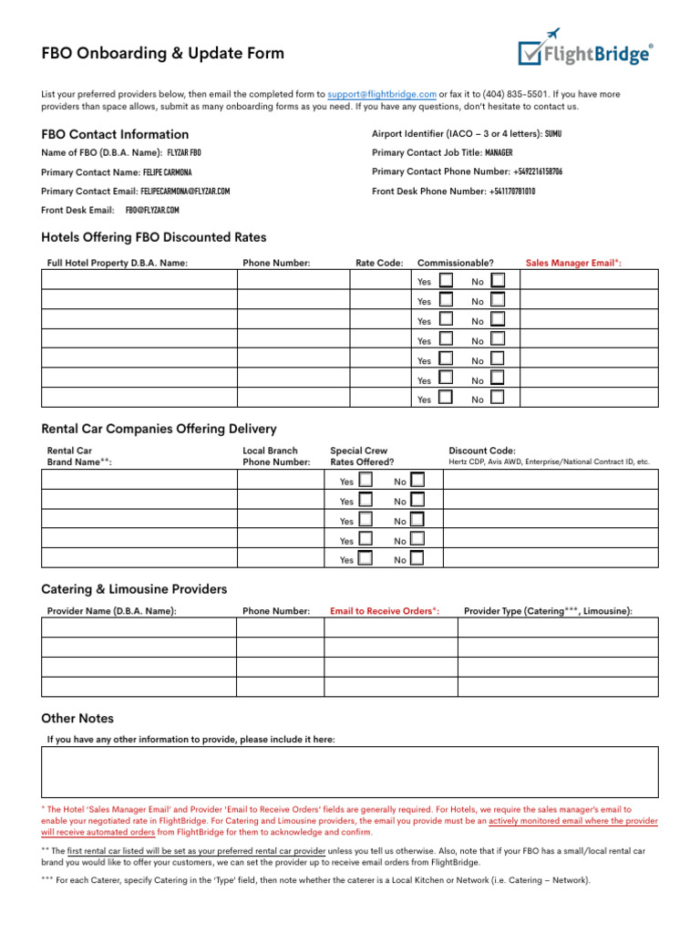 FBO Onboarding & Provider Update Form | PDF | Car Rental