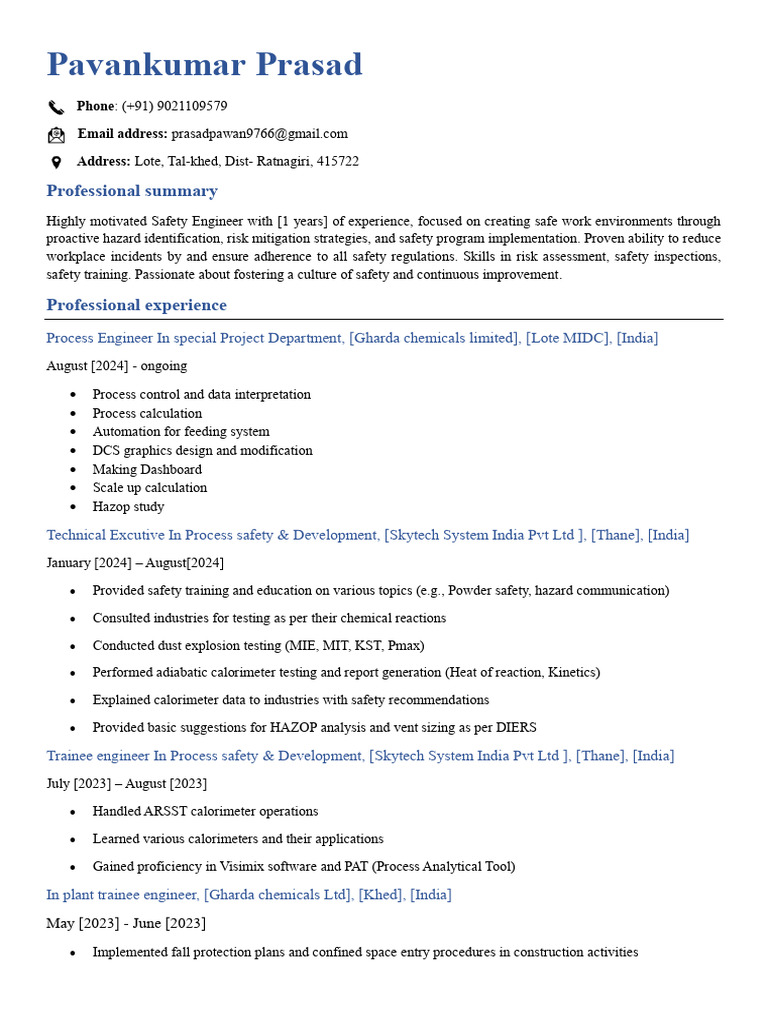 Safety Engineer Resume Overview | PDF | Occupational Safety And Health ...