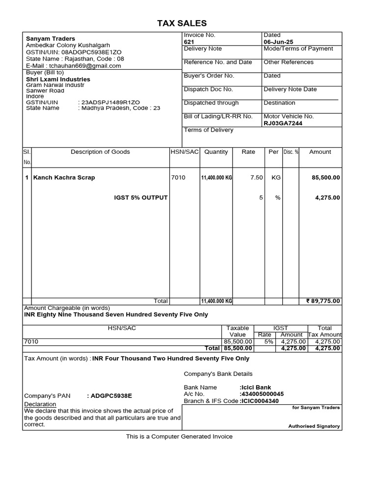 Computer Generated Invoice for Sanyam Traders | PDF | Taxation ...