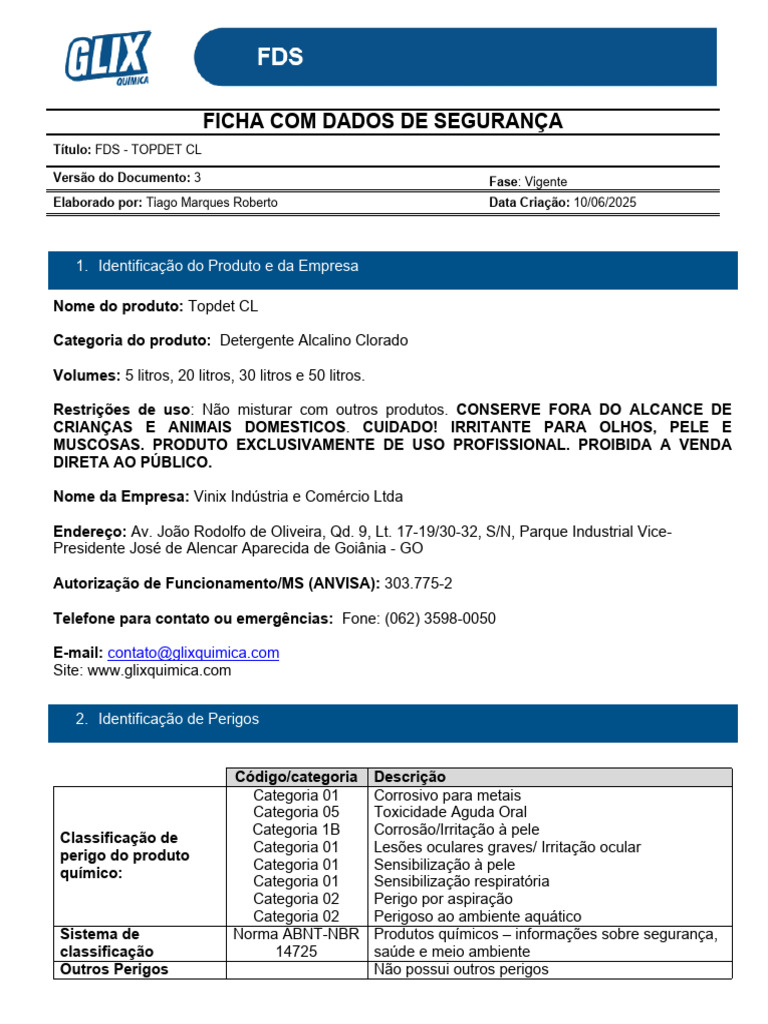 Ficha de Segurança do Topdet CL | PDF | Cloro