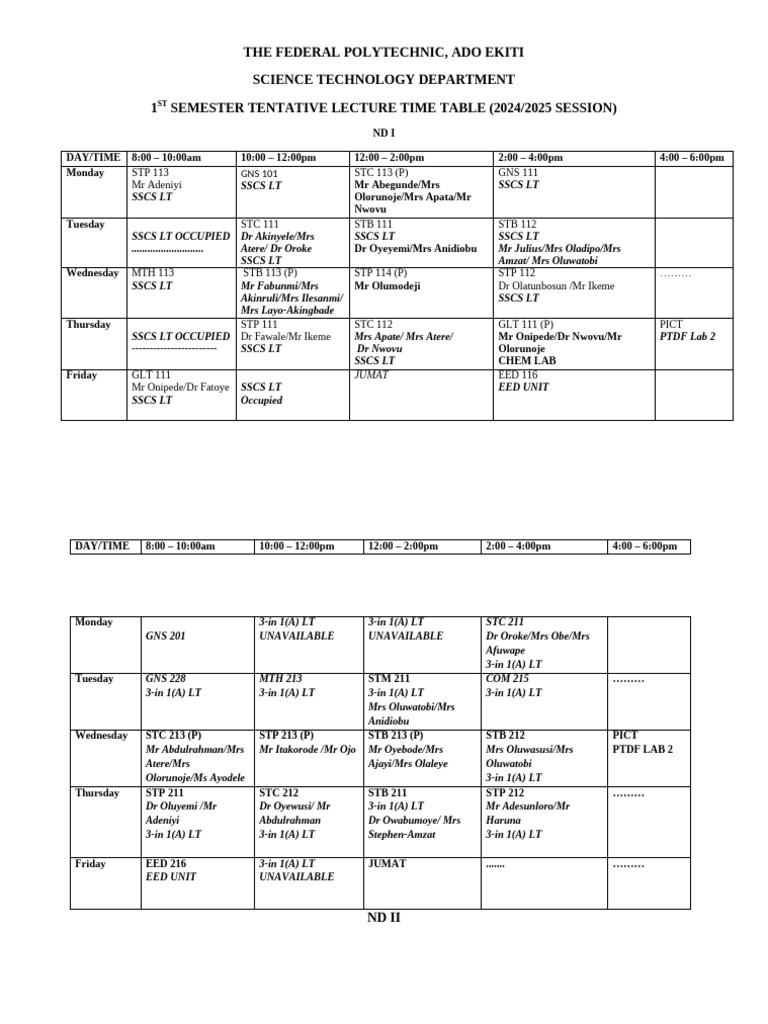2024/2025 Semester Lecture Timetable | PDF