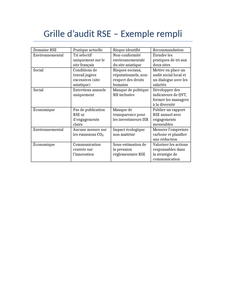 Grille d'Audit RSE : Exemple et Recommandations | PDF