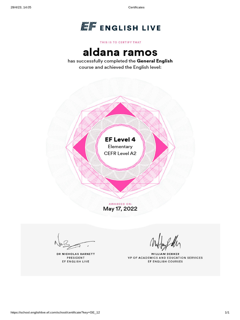 EF Level 4 English Course Certificate | PDF