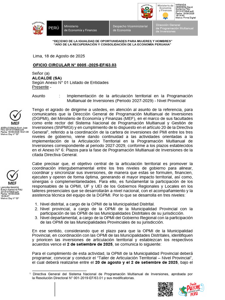 Oficio Circular N 0005 2025 EF 63.03 - F | PDF | Perú
