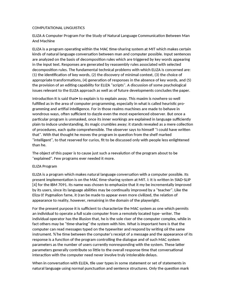 ELIZA: Natural Language Processing Program | PDF | Computing