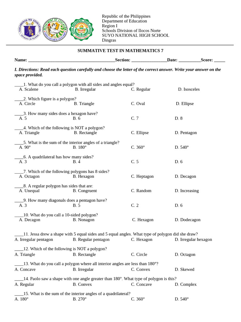 Math 7 Summative Test on Polygons | PDF | Triangle | Rectangle