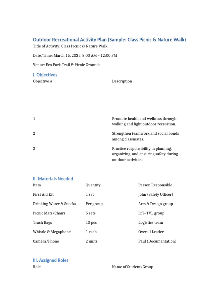 Class Picnic & Nature Walk Plan | PDF