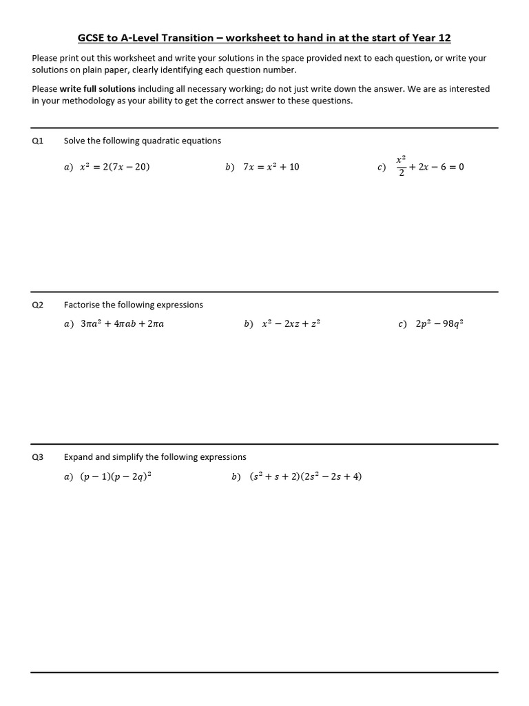 Gcse To A Level Transition 2022 Worksheet Pdf Mathematical Concepts