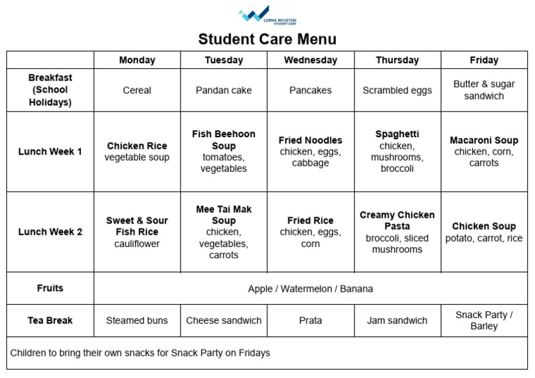 Weekly Student Care Menu Plan | PDF | Lunch | Soup