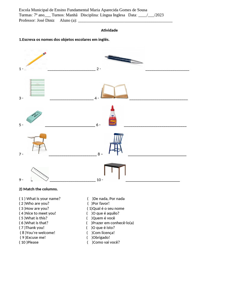 Atividade de Inglês para 7º Ano | PDF