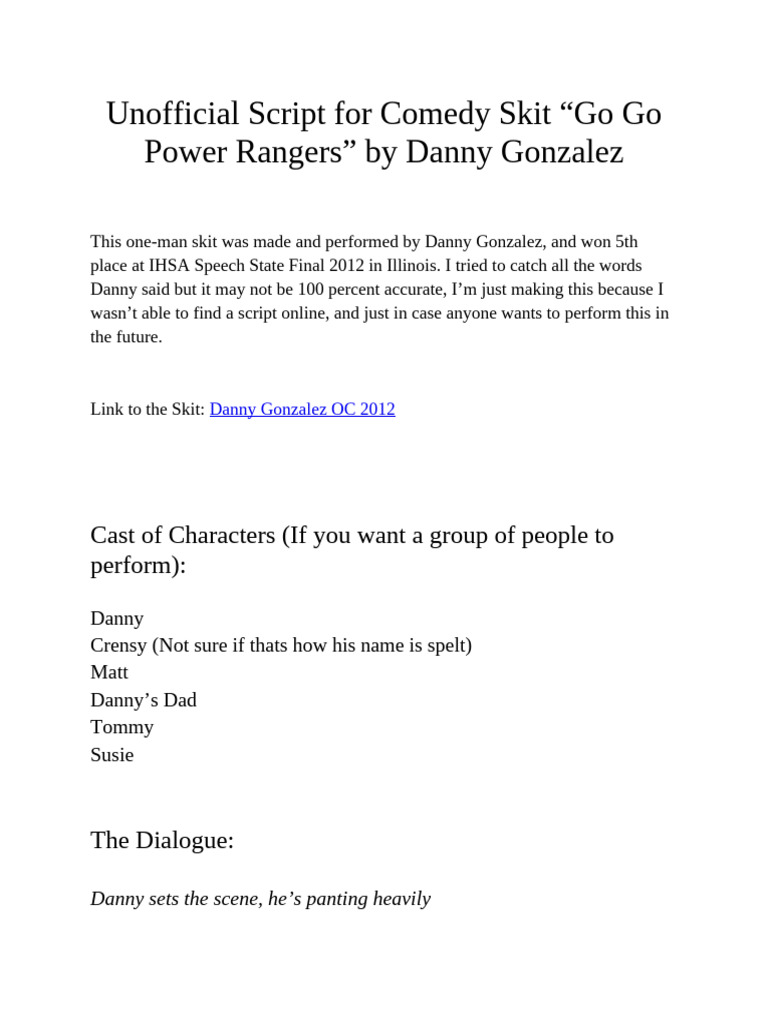 Go Go Power Rangers Skit Script | PDF