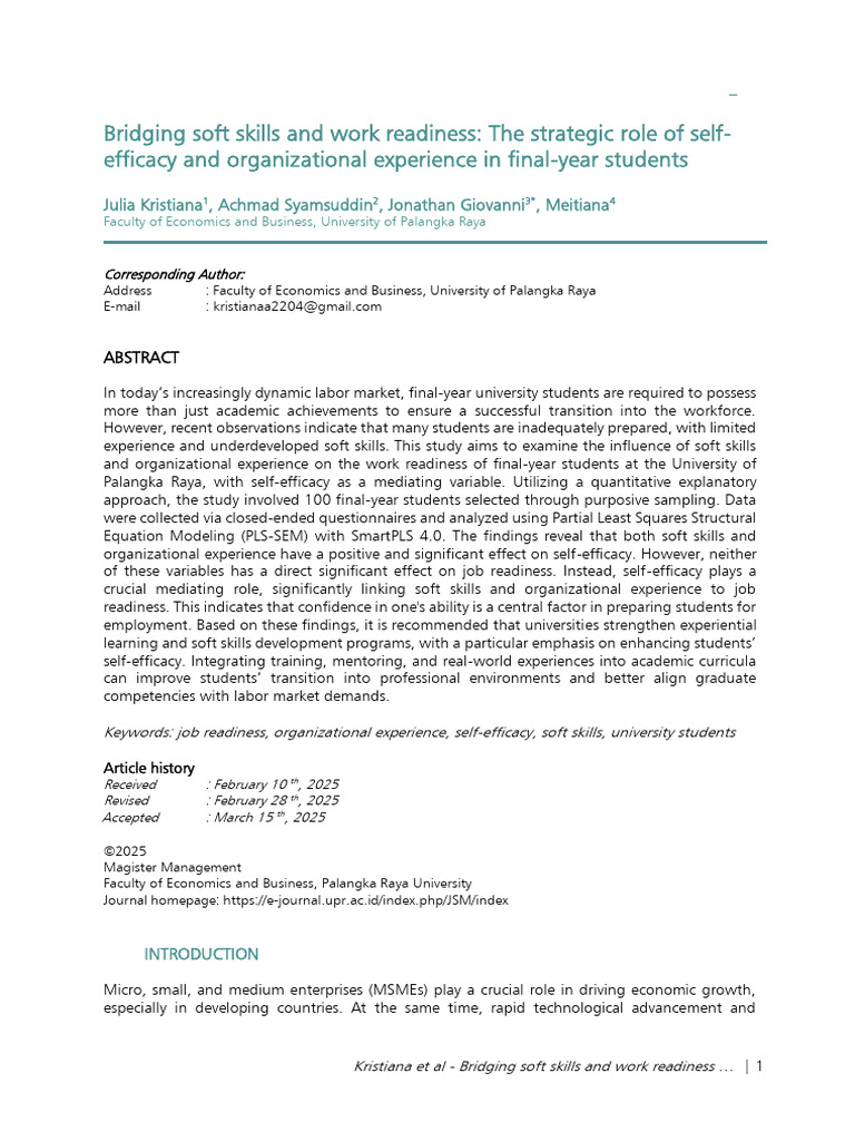 Soft Skills and Job Readiness in Students | PDF | Self Efficacy | Cost ...