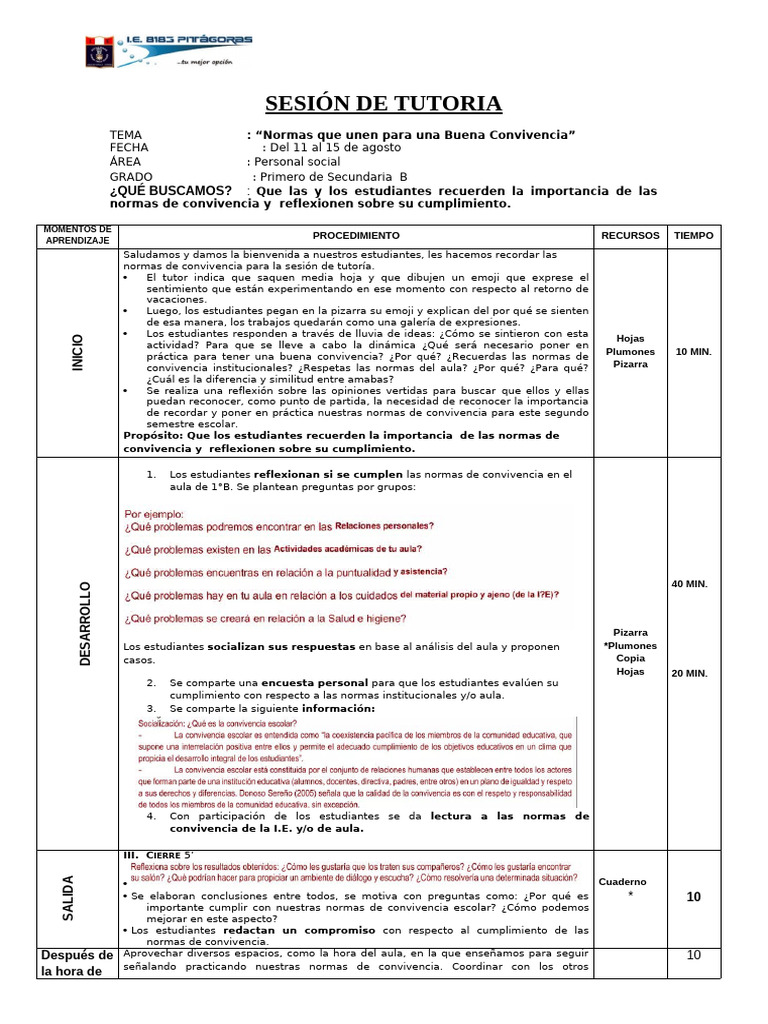 Normas para una Buena Convivencia Escolar | PDF | Salón de clases ...