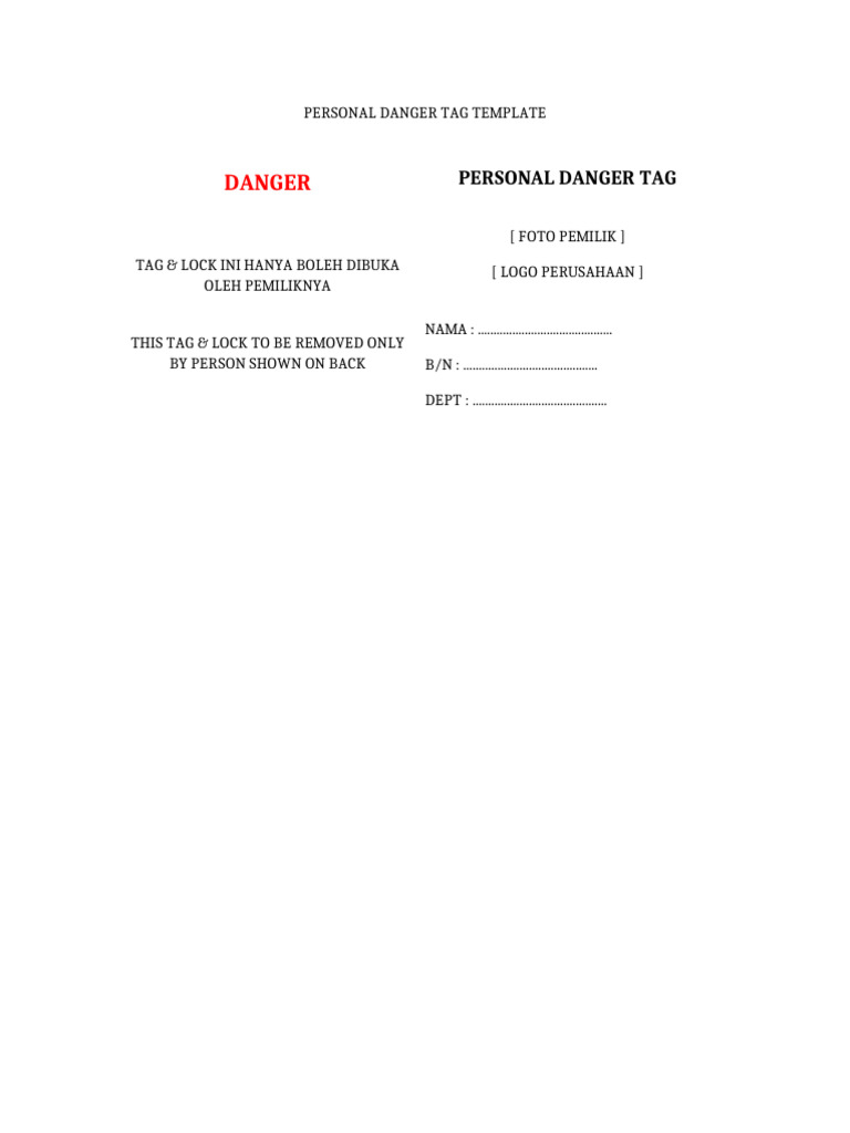 Personal Danger Tag Template | PDF