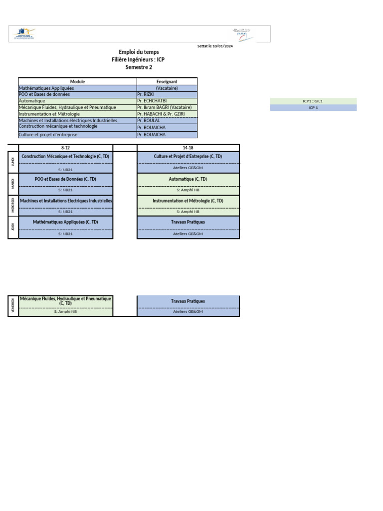 Emploi du temps Ingénieurs ICP Semestre 2 et 4 | PDF | Business