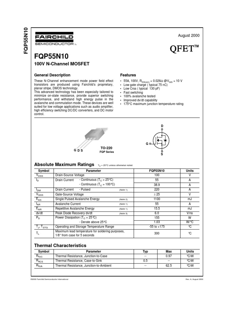Lot De 5 Transistors FQP55N10 N-Channel MOSFET - 55V 220A - Pour Circuits électroniques - Neufs