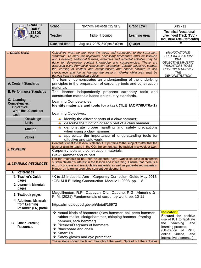 Grade 11 Carpentry Lesson Plan | PDF | Hammer | Learning