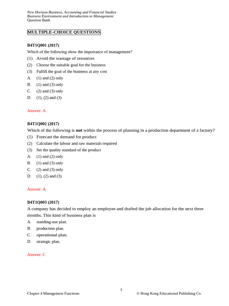 Management Functions Question Bank | PDF | Leadership | Goal