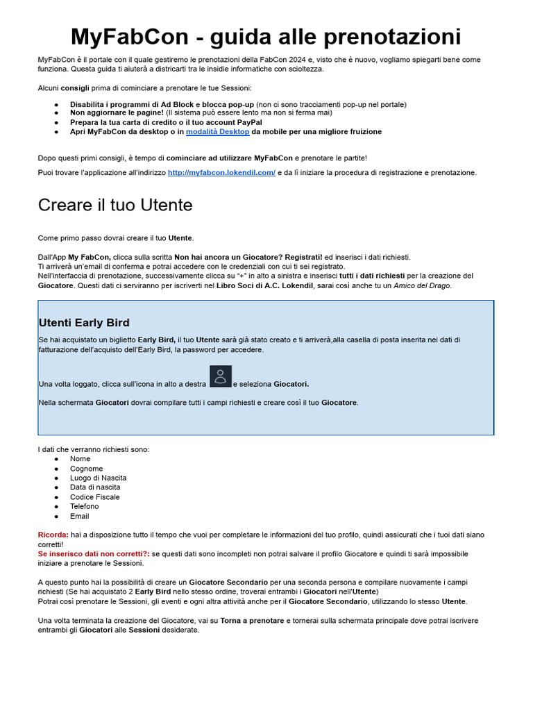 Guida Prenotazioni FabCon 2024. PDF Completo | PDF