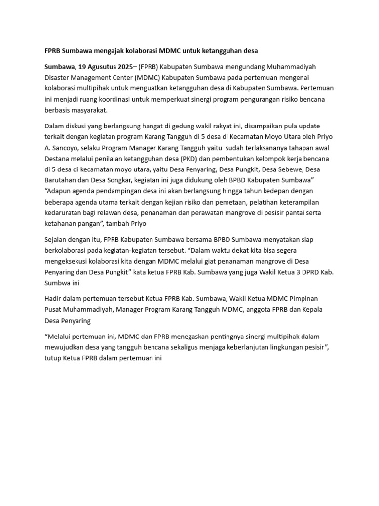 Kolaborasi FPRB dan MDMC untuk Ketangguhan Desa | PDF