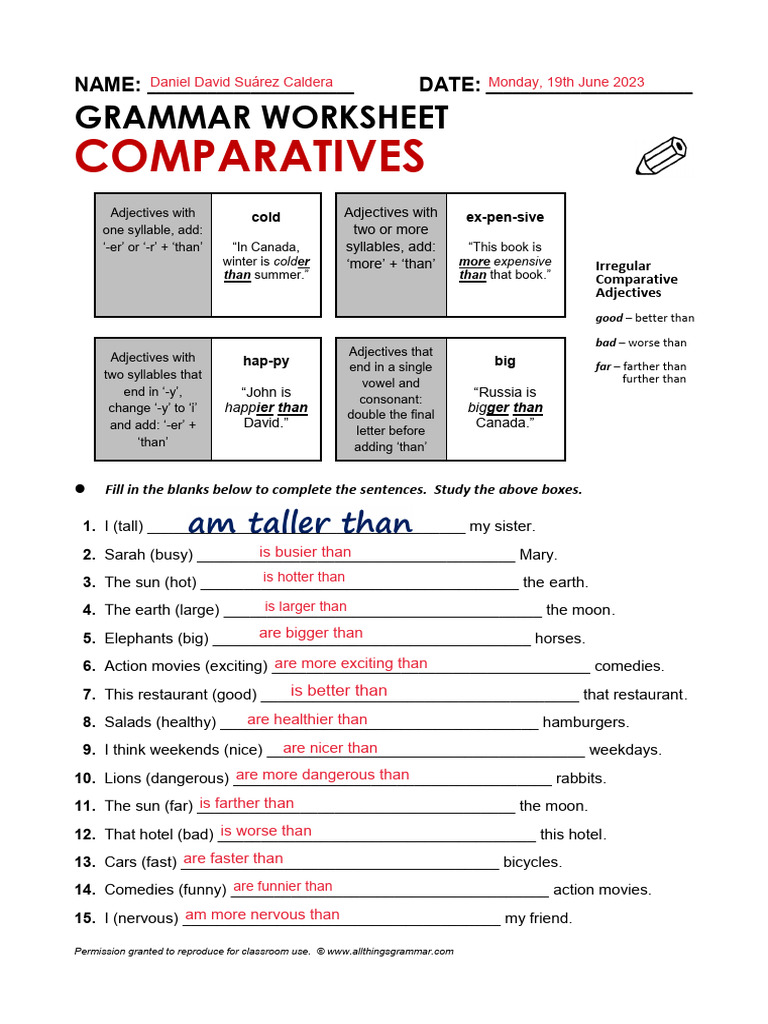 Grammar Worksheet: Comparatives Guide | PDF | Linguistic Typology ...