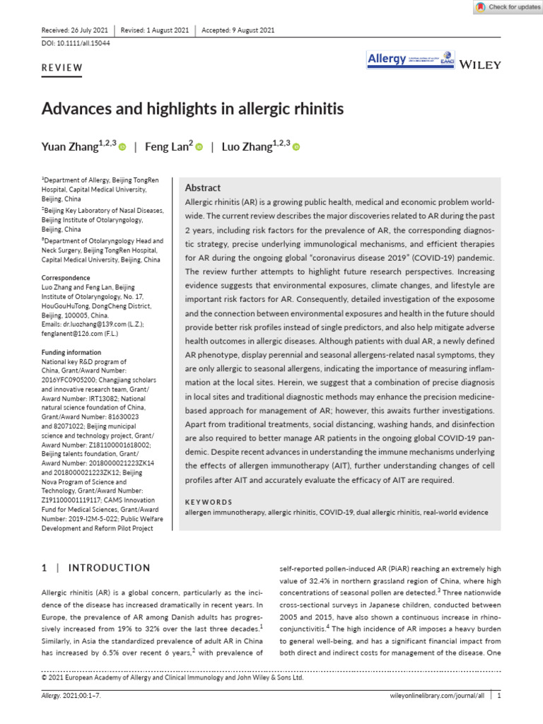 Zhang2021 Advances and Highlights in Allergic Rhinitis | PDF | Allergy ...