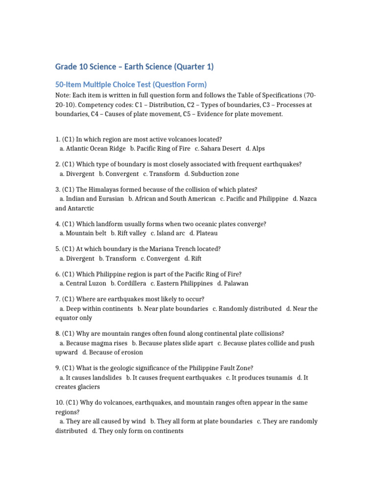 Grade 10 Earth Science MCQ Test | PDF | Plate Tectonics | Geology