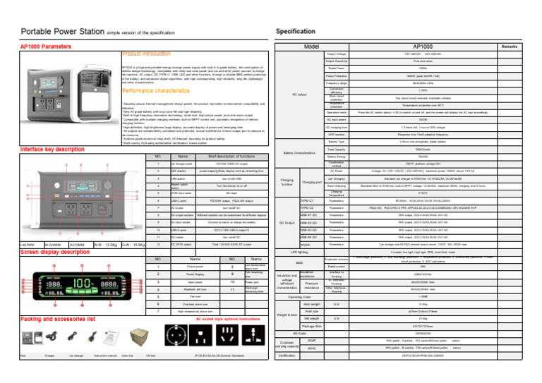 AP1000 Portable Power Station Specs | PDF | Battery Charger ...