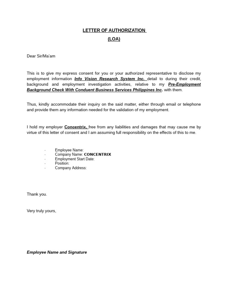 Letter of Authorization For Employment Verification Template | PDF