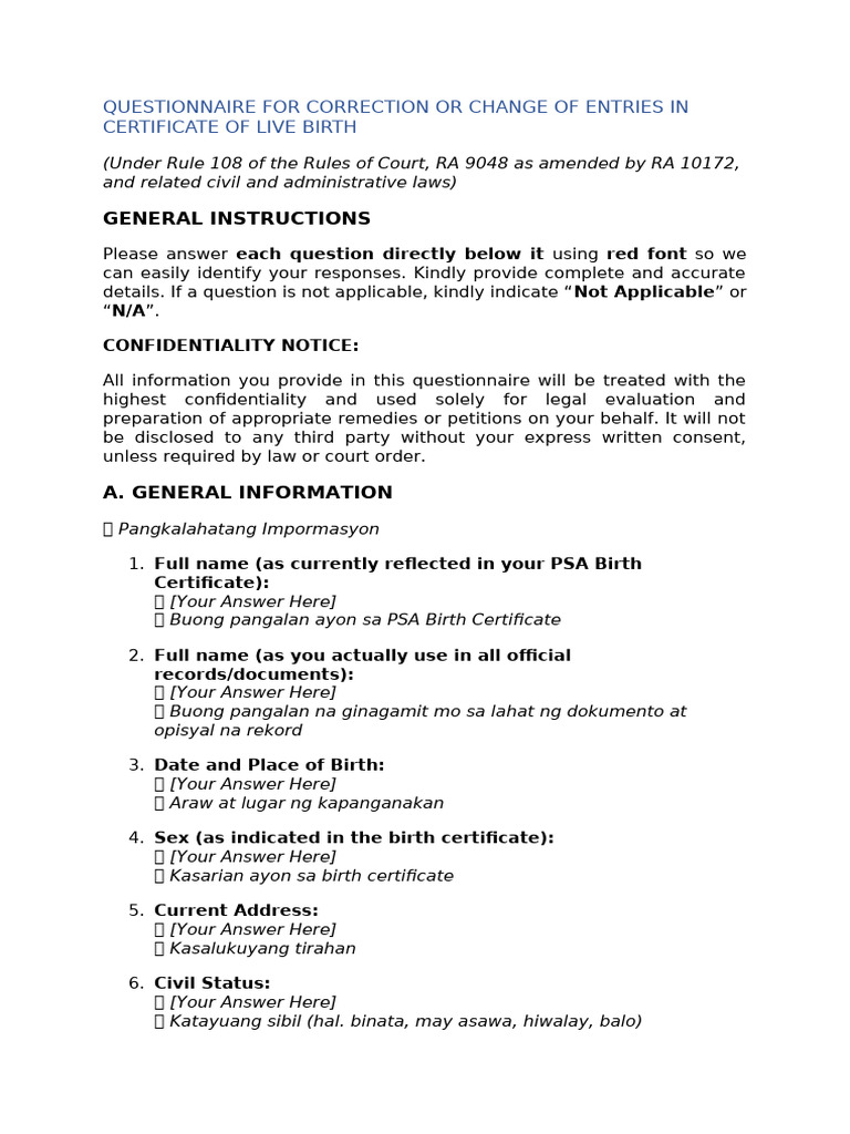 Questionnaire For Correction or Change of Entries in Certificate of ...