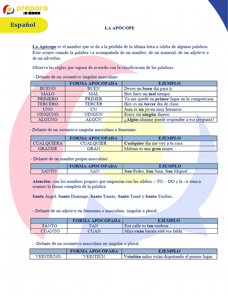 Apócope: Reglas y Ejemplos | PDF | Adjetivo | Lingüística