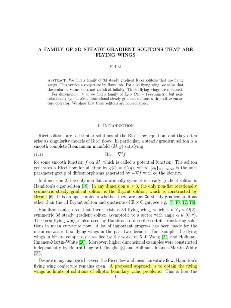 3D Steady Gradient Solitons as Flying Wings | PDF | Differential ...