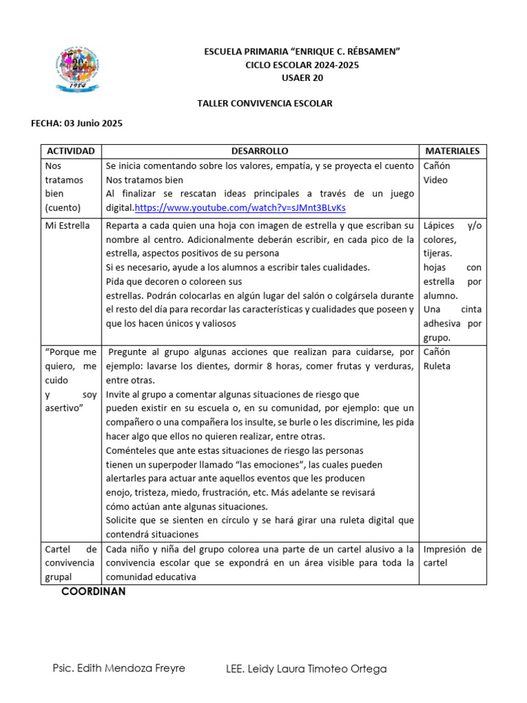 Taller de Convivencia Escolar 2025 | PDF | Sicología