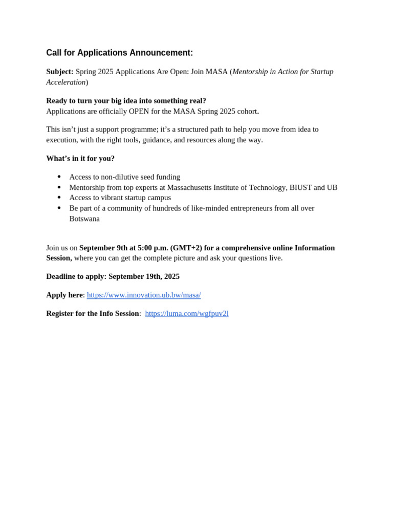 MASA Spring 2025 Applications Open | PDF
