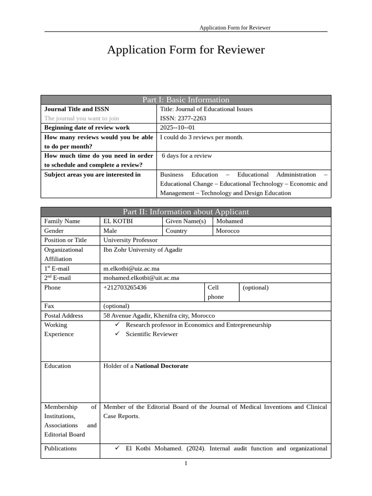 Reviewer Application for Journal of Educational Issues | PDF | Morocco ...