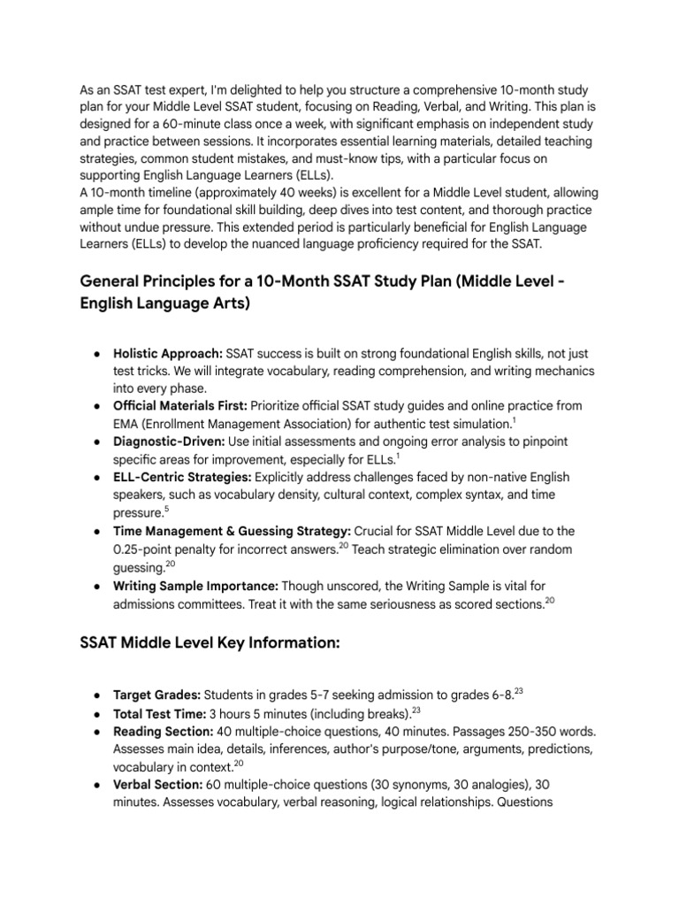 SSAT Study Plan (Middle Level - English Language Arts) | PDF | Grammar ...