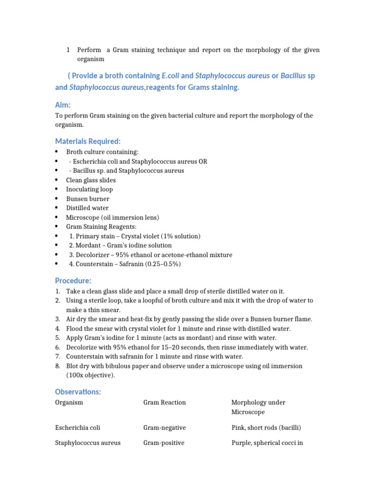 Gram Staining Procedure and Results | PDF