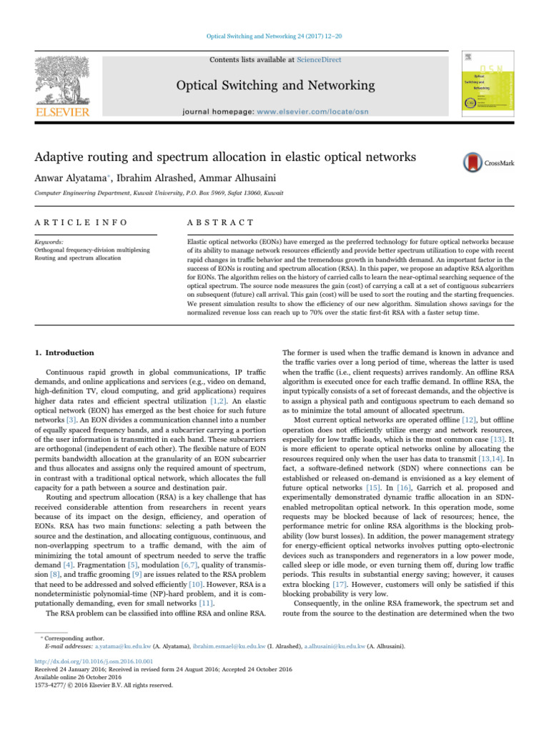 Adaptive RSA in Elastic Optical Networks | PDF | Routing | Radio Spectrum