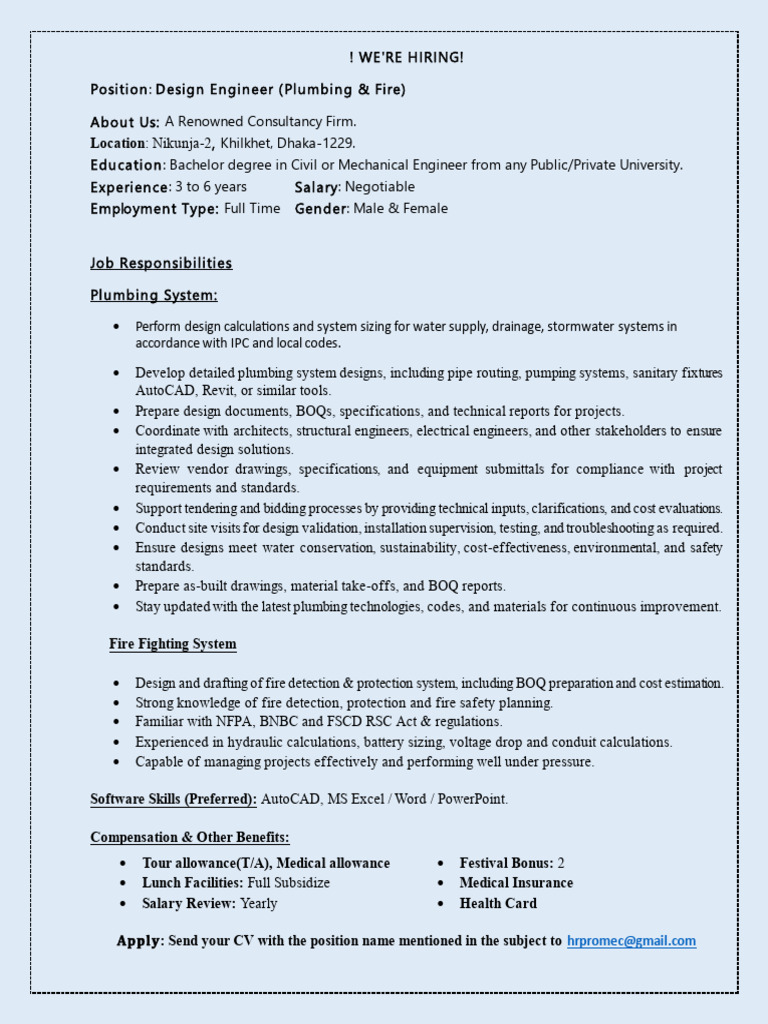 Design Engineer Job Opening in Dhaka | PDF | Plumbing | Specification ...