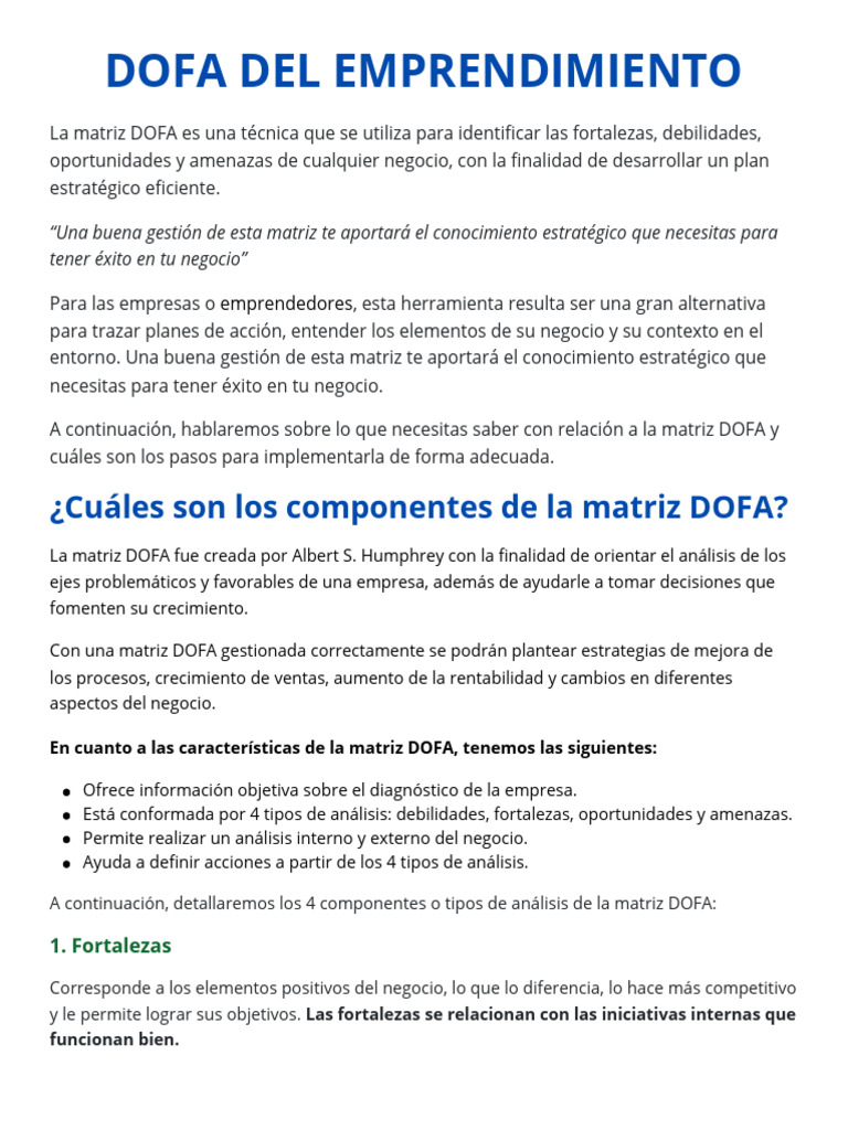 Dofa Del Emprendimiento | PDF | Análisis FODA | Iniciativa empresarial