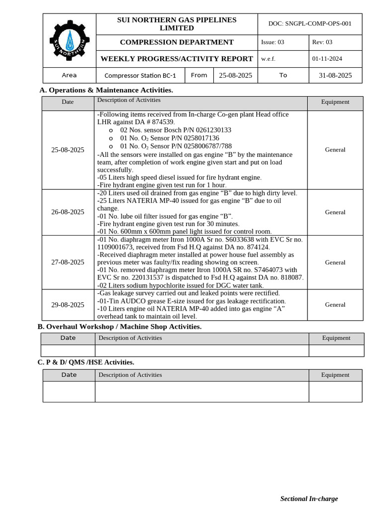 Weekly Progress Report. 05 25-08-2025 To 31-08-2025 | PDF | Engines ...