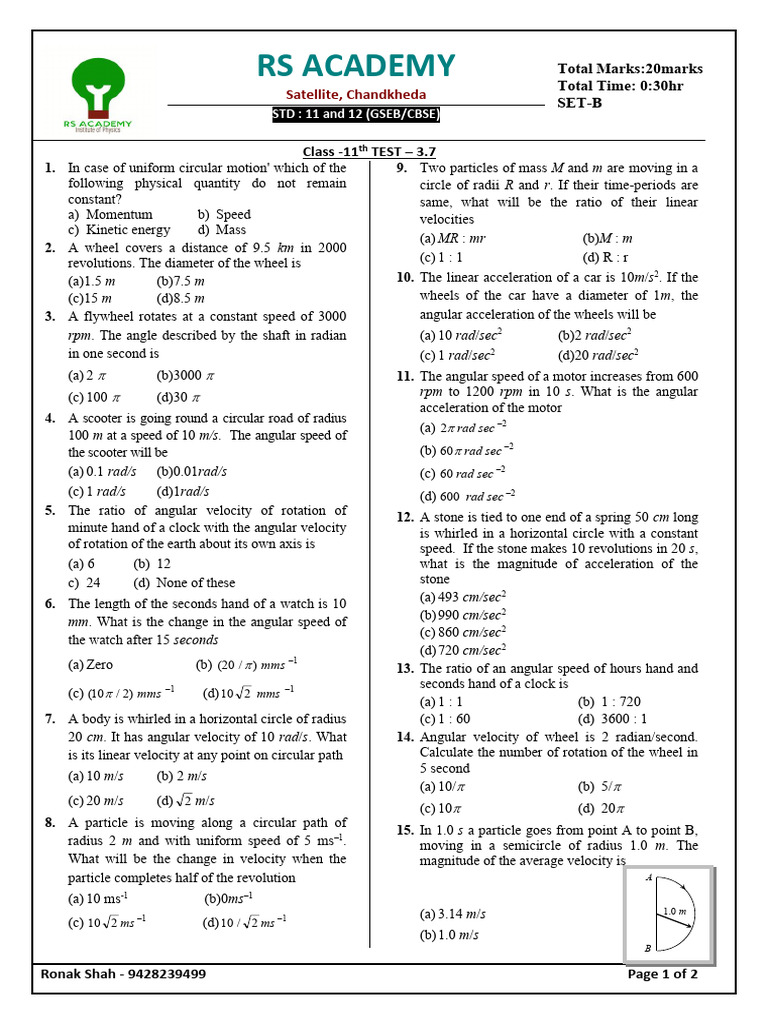 Class 11 Physics Circular Motion Test | PDF | Acceleration | Velocity