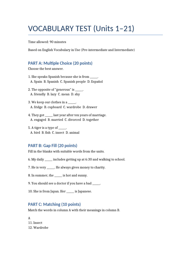 Vocabulary Test Units 1 To 21 | PDF | Chess Theory | Chess