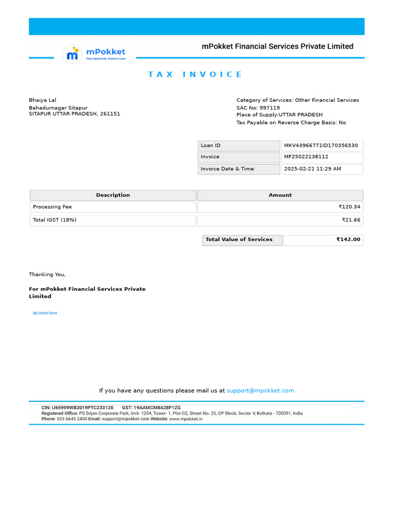 mPokket Invoice for Loan Services | PDF