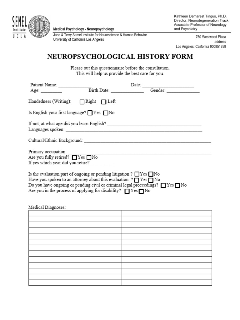 Neuropsychological History Questionnaire | PDF | Mental Disorder | Dementia